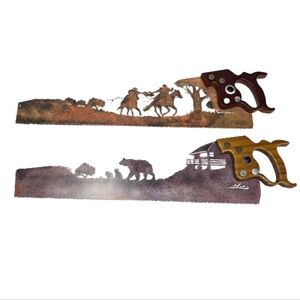 2 Decorative Hand Saws Silhouette Cowboys & Family Of Bears-Cabin Rusted Patina
